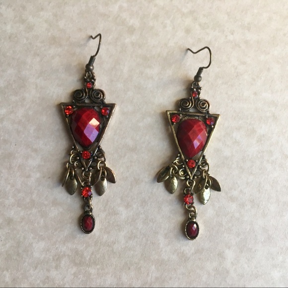 Red Chandelier Rhinestone Earrings Antiqued Long - Picture 2 of 4